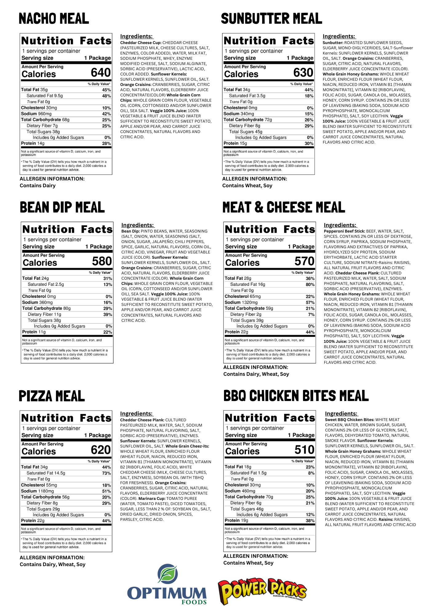 STANDARD Optimum Foods Power Packs Variety Meal Kit (24 Count) - CACFP Lunch/Supper